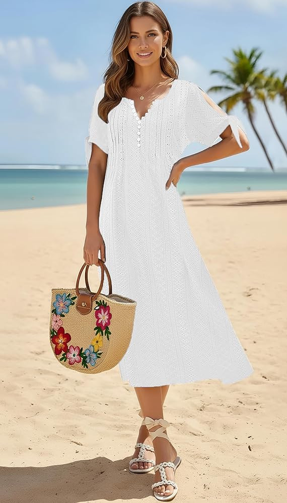 Coverup Summer Dresses for Women 2026 Eyelet Casual Loose Maxi Sundresses Beach Dress with Pocket... | Amazon (US)