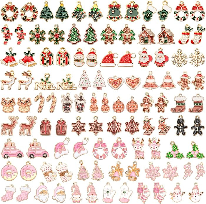 SANNIX 110Pcs/55 Pairs Christmas Charms, Holiday Enamel Charms Red Green Pink Gingerbread Xmas Pe... | Amazon (US)