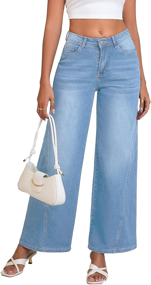 Wide Leg Jeans Woman High Waisted Stretch Baggy Loose Straight Leg Denim Pants | Amazon (US)