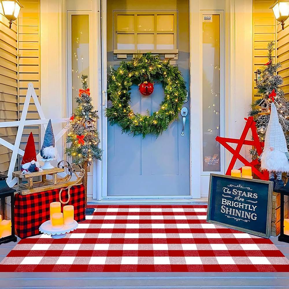 Ckorzen Red and White Plaid Rug, 4' x 6' Christmas Outdoor Front Door Decor Mat, Cotton Hand-Wove... | Amazon (US)