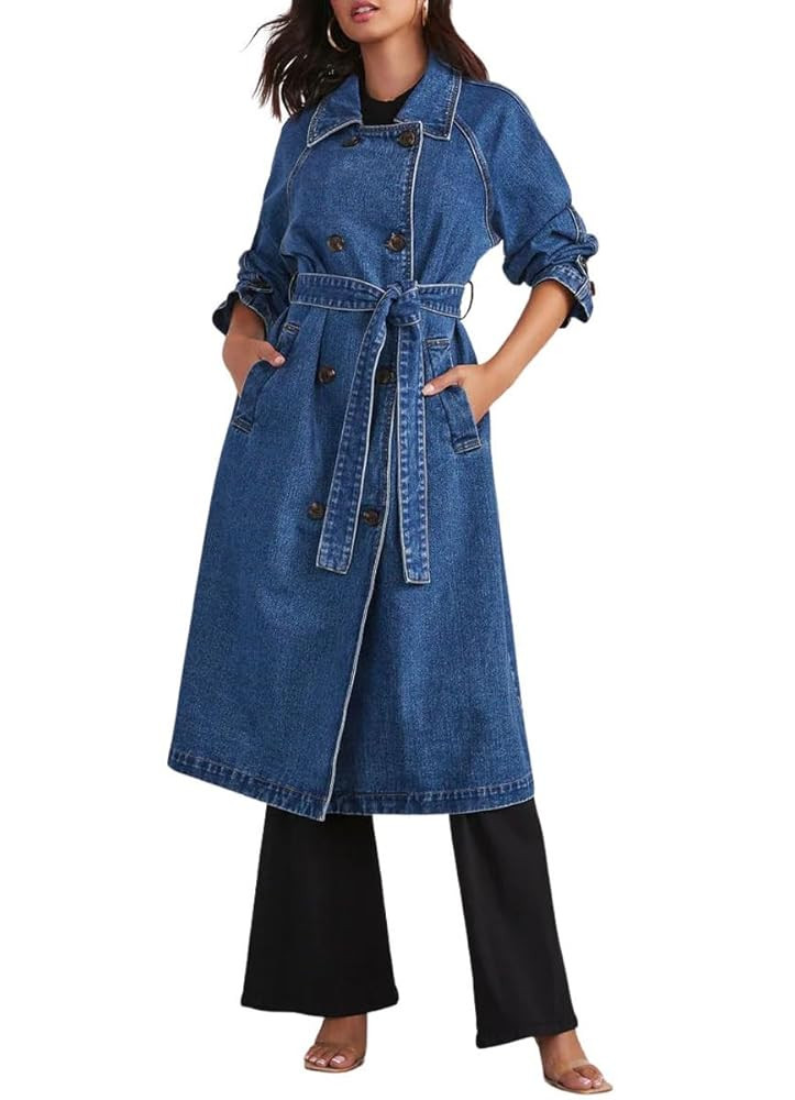 chouyatou Women's Vintage Midi Long Jean Jacket Loose Fit Double Breasted Denim Jacket Trench Coa... | Amazon (US)