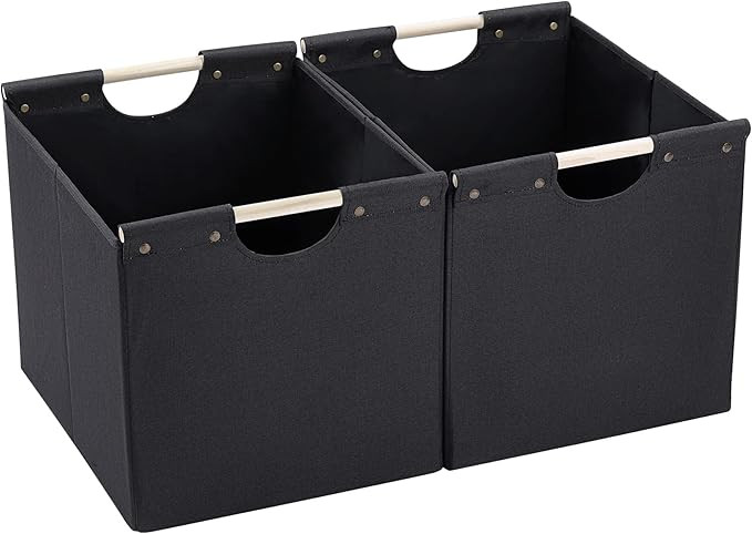 HOONEX Large Collapsible Storage Bins, Linen Fabric, Pack of 2, Storage Baskets with Wooden Carry... | Amazon (US)