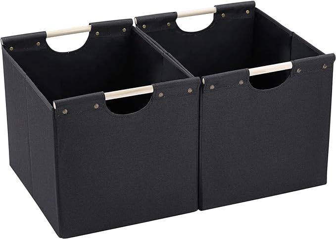 HOONEX Large Collapsible Storage Bins, Linen Fabric, Pack of 2, Storage Baskets with Wooden Carry... | Amazon (US)