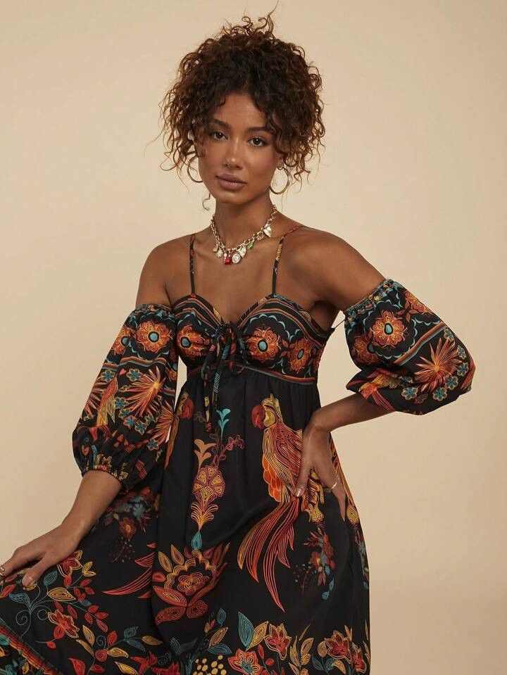 Travachic Women Off Shoulder Floral Print Lantern Sleeve Fashion Midi Dress For Vacation | SHEIN