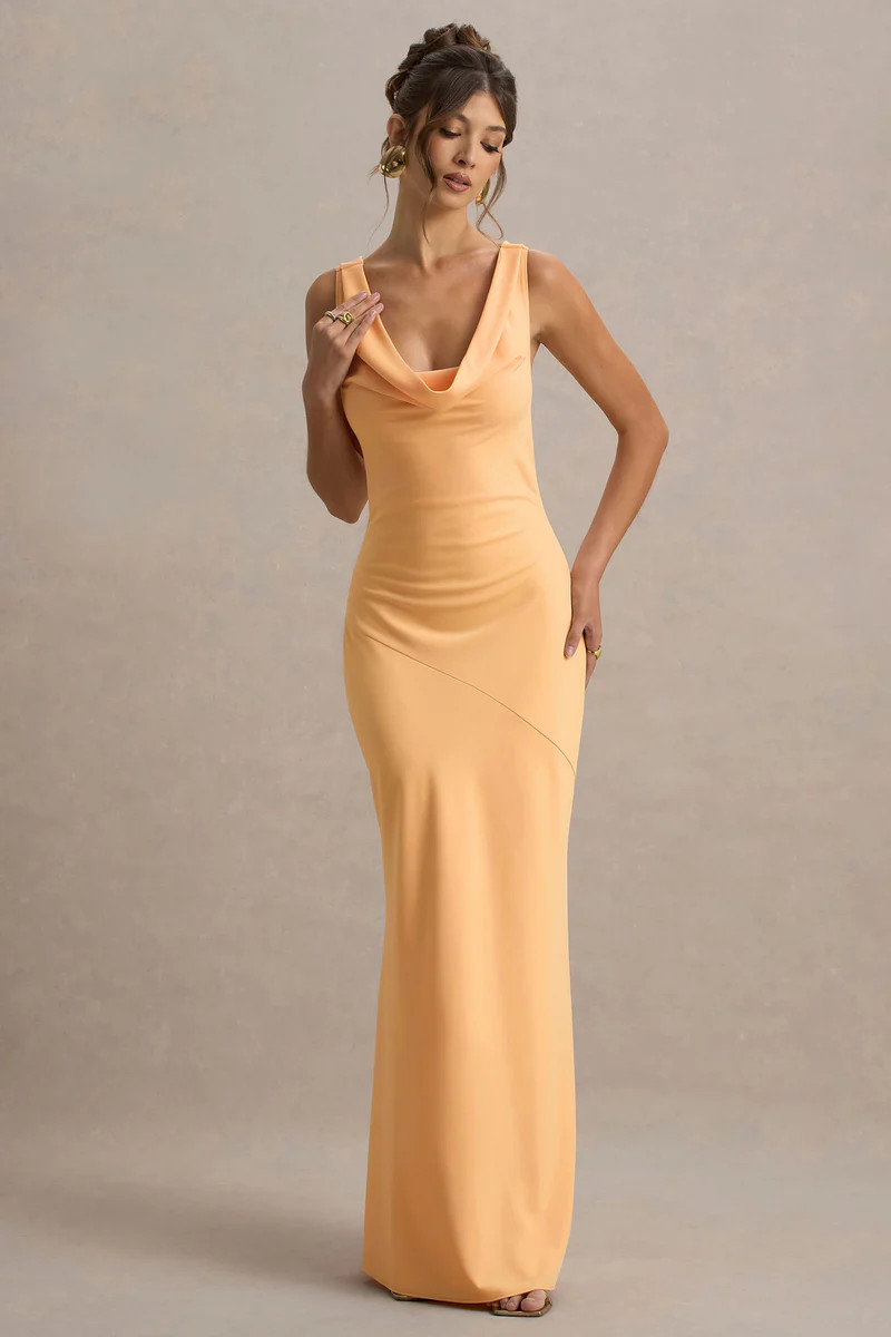 Alesso  Peach Satin Cowl-Neck Slip-Maxi Dress | Club L London
