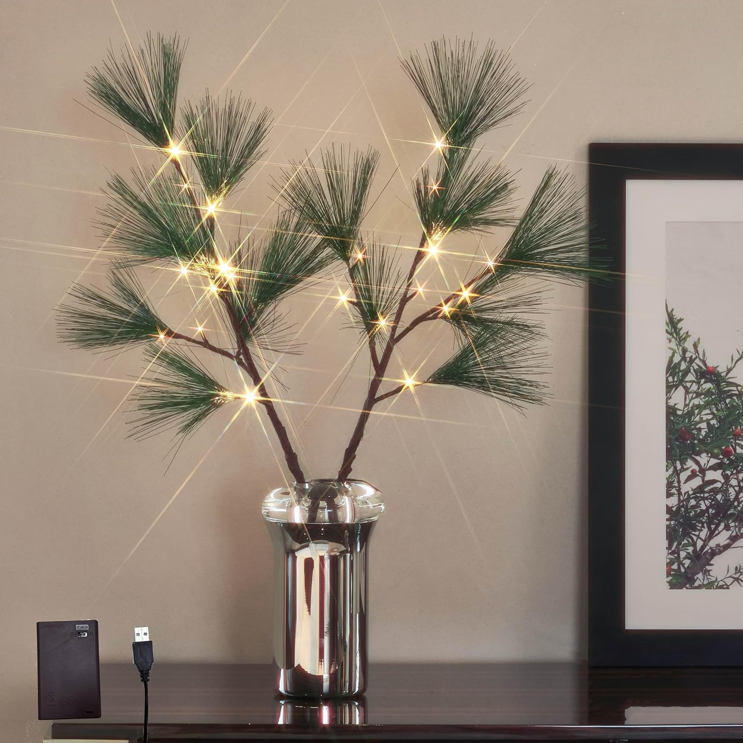 Hairui Lighted Christmas Pine Branches 32IN with Timer, Tree Branch Lights Battery Operated and USB Plug in for Room Fireplace Thanksgiving Christmas Decor (Vase Excluded) | Amazon (US)