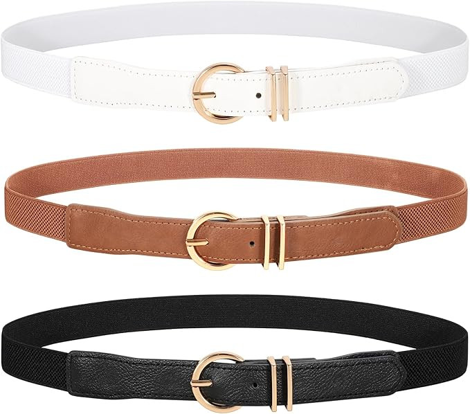 WERFORU 2 Pack/ 3 Pack Women’s Skinny Elastic Waist Belt With Gold Buckle Thin Stretchy Belt fo... | Amazon (US)