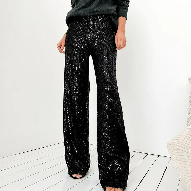Lroveb Sequin Pants for Women, Womens Sparkly High Waisted Trousers, Solid Color Sequins Fashion ... | Walmart (US)