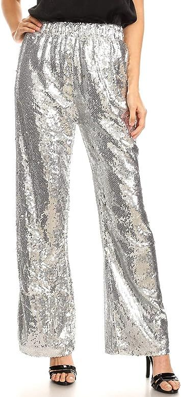 Anna-Kaci Women's Elastic Waist Sparkly Sequin 70's Disco Wide Leg Flare Palazzo Pants, Silver, L... | Amazon (US)
