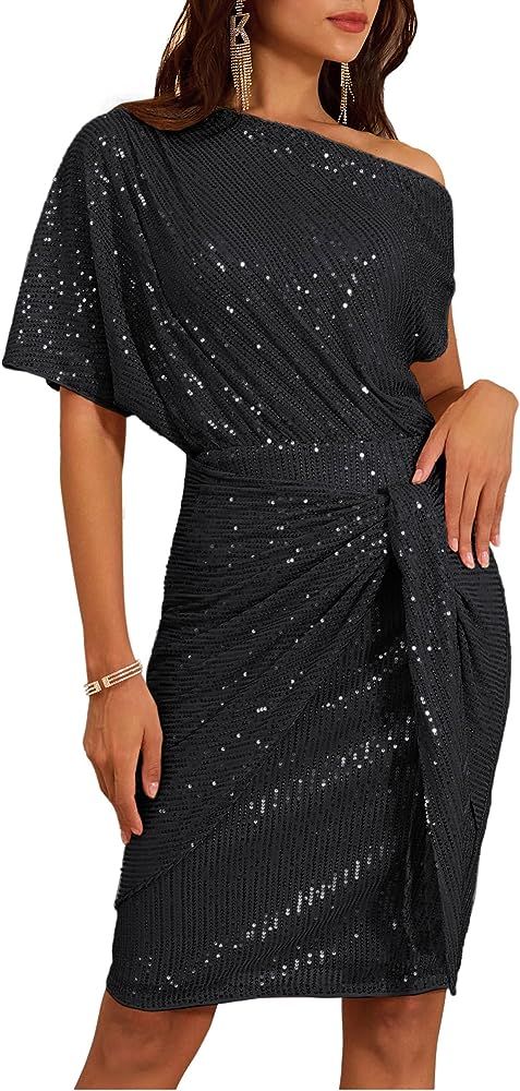 GRACE KARIN Women's Sequin Sparkly Glitter Party Club Dress One Shoulder Ruched Cocktail Bodycon ... | Amazon (US)