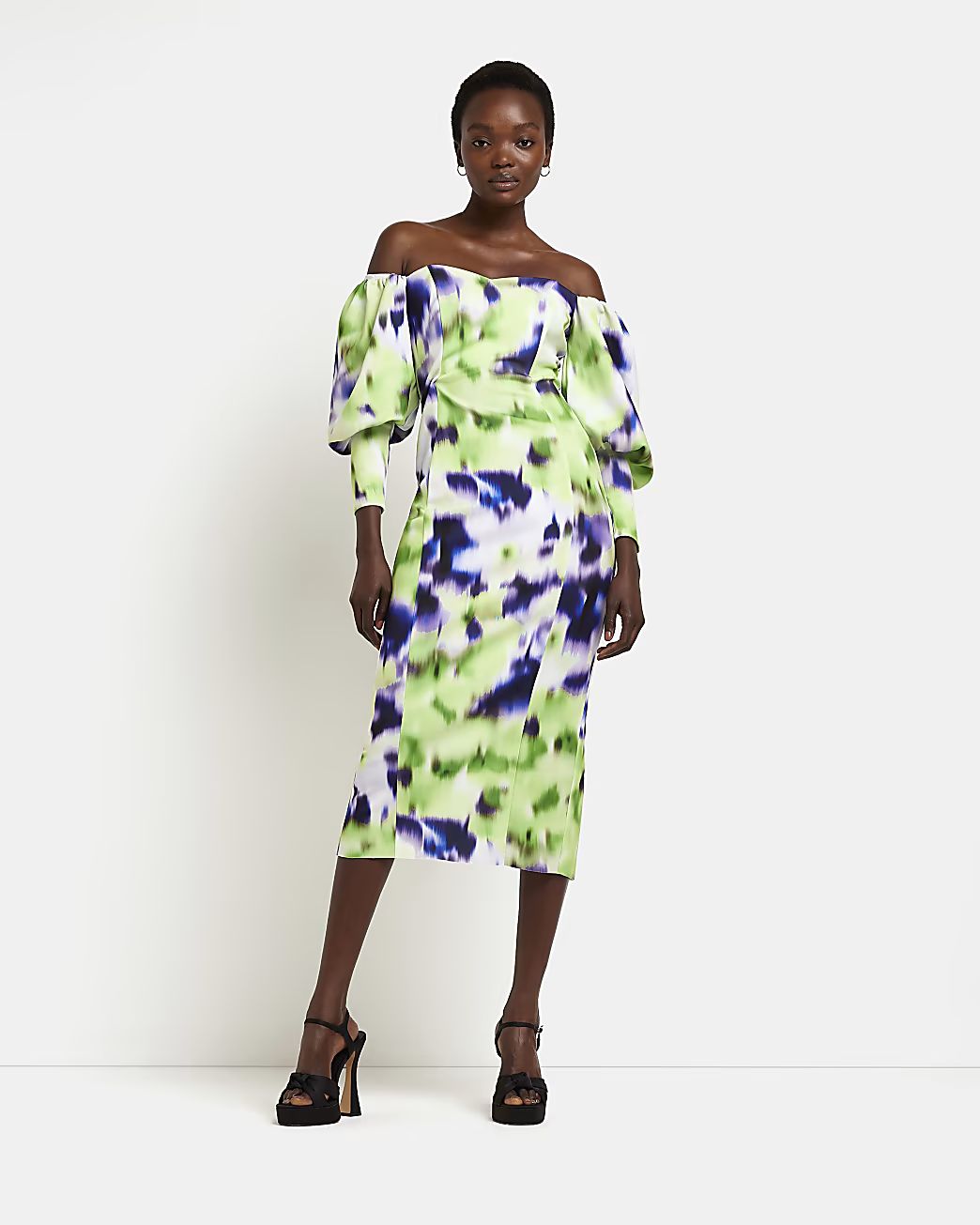 Green printed bardot midi dress | River Island (UK & IE)