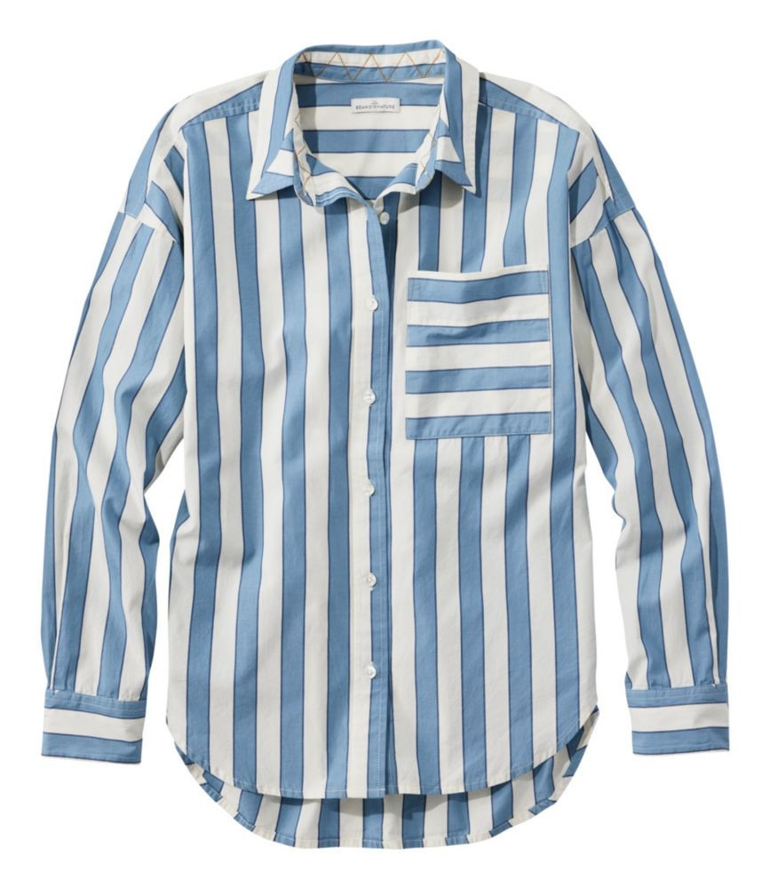 Women's Signature Premium Essential Poplin Shirt, Long-Sleeve Novelty Stripe Baltic Blue/Sailcloth Small, Cotton L. L.Bean | L.L. Bean