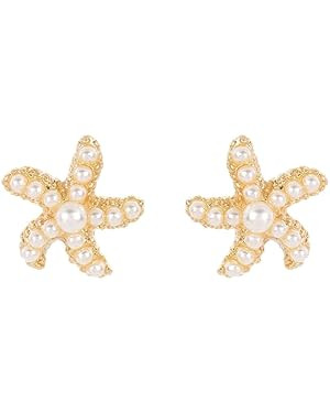 Beach Earrings for Women Tiny Colorful Starfish Seashell Faux Pearl Stud Earrings Rhinestone Wedd... | Amazon (US)