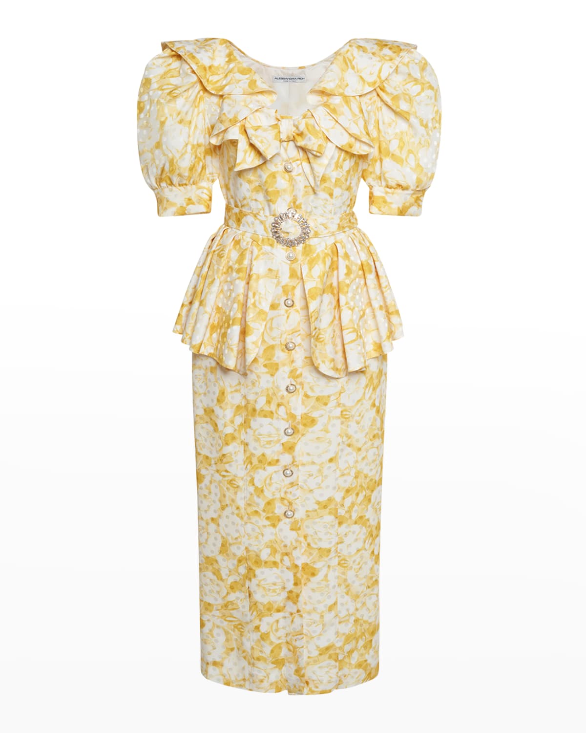 Floral Polka-Dot Ruffle Belted Peplum Midi Dress | Neiman Marcus
