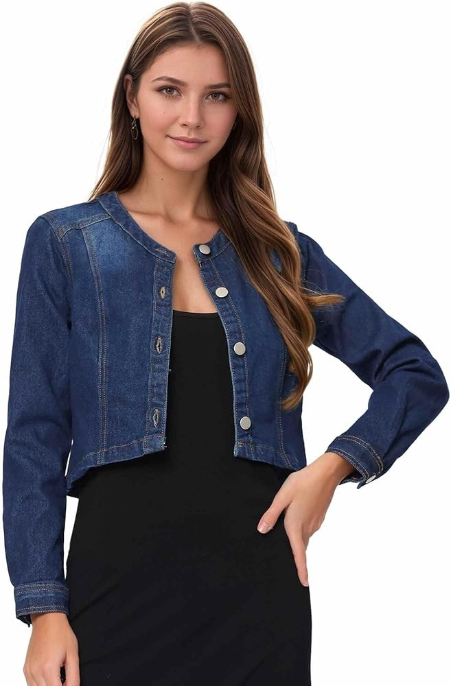 Allegra K Denim Jacket for Women's Collarless Button Down Crop Jean Jackets | Amazon (US)
