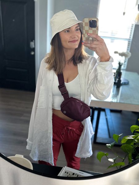 S in shirt, 6 in tank, 6 in joggers (on sale!) belt bag, bucket hat