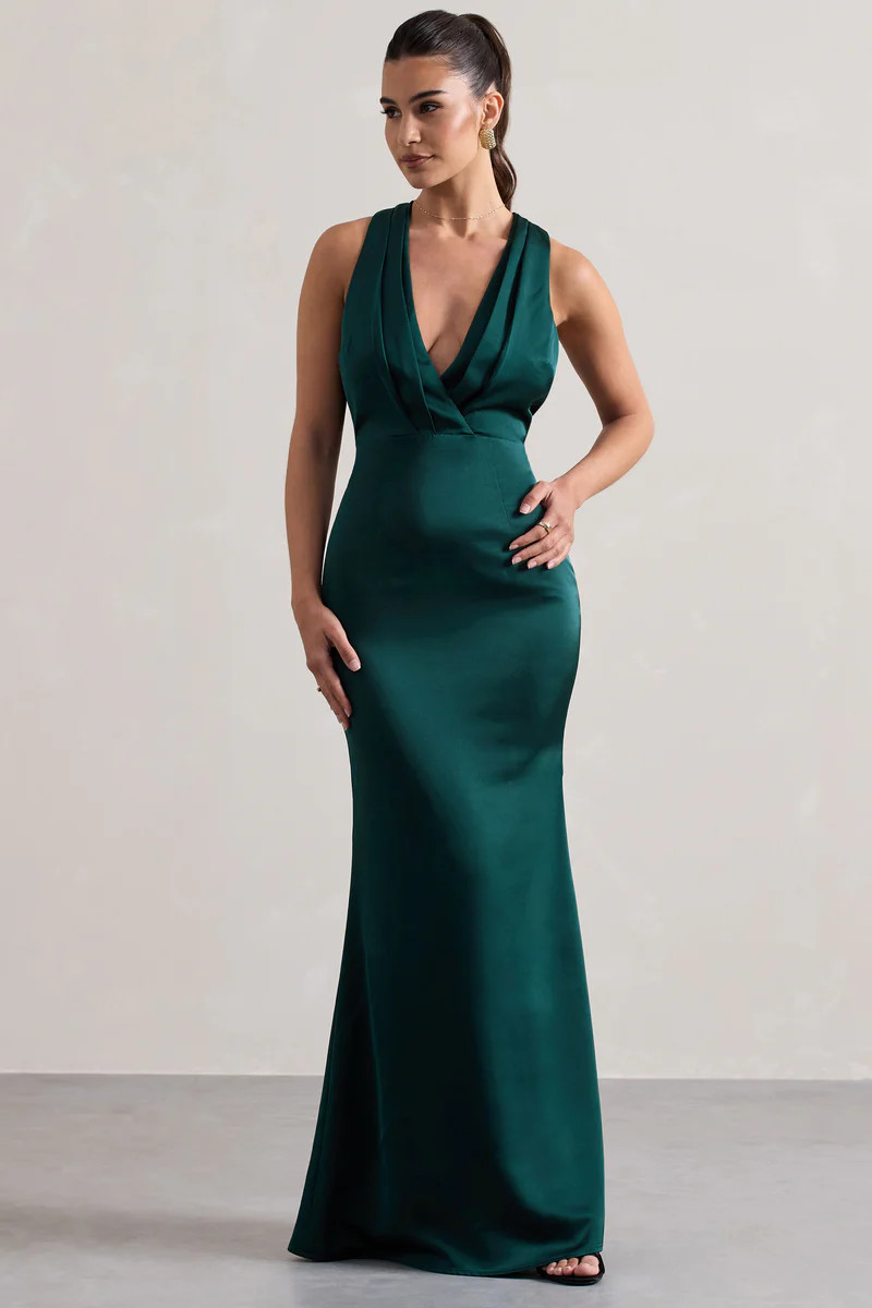 Tiffany | Bottle Green Satin Plunge-Neck Maxi Dress | Club L London