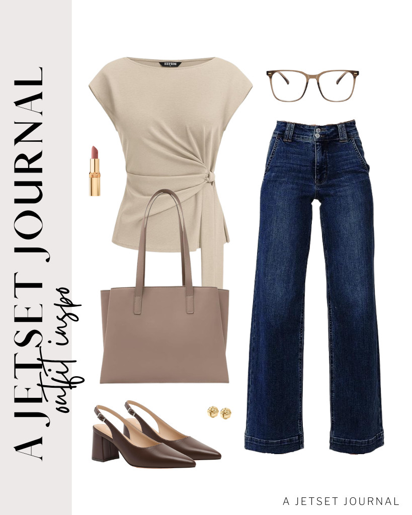 Start your first outfit with this crew neck tie-waist blouse and pair it with Astylish high-waisted jeans. Style this outfit with love-knot stud earrings and a roomy work tote bag. Block-heeled slingbacks and oversized square blue-light glasses complete this chic combination.

#LTKSeasonal #LTKSaleAlert #LTKTravel 

 