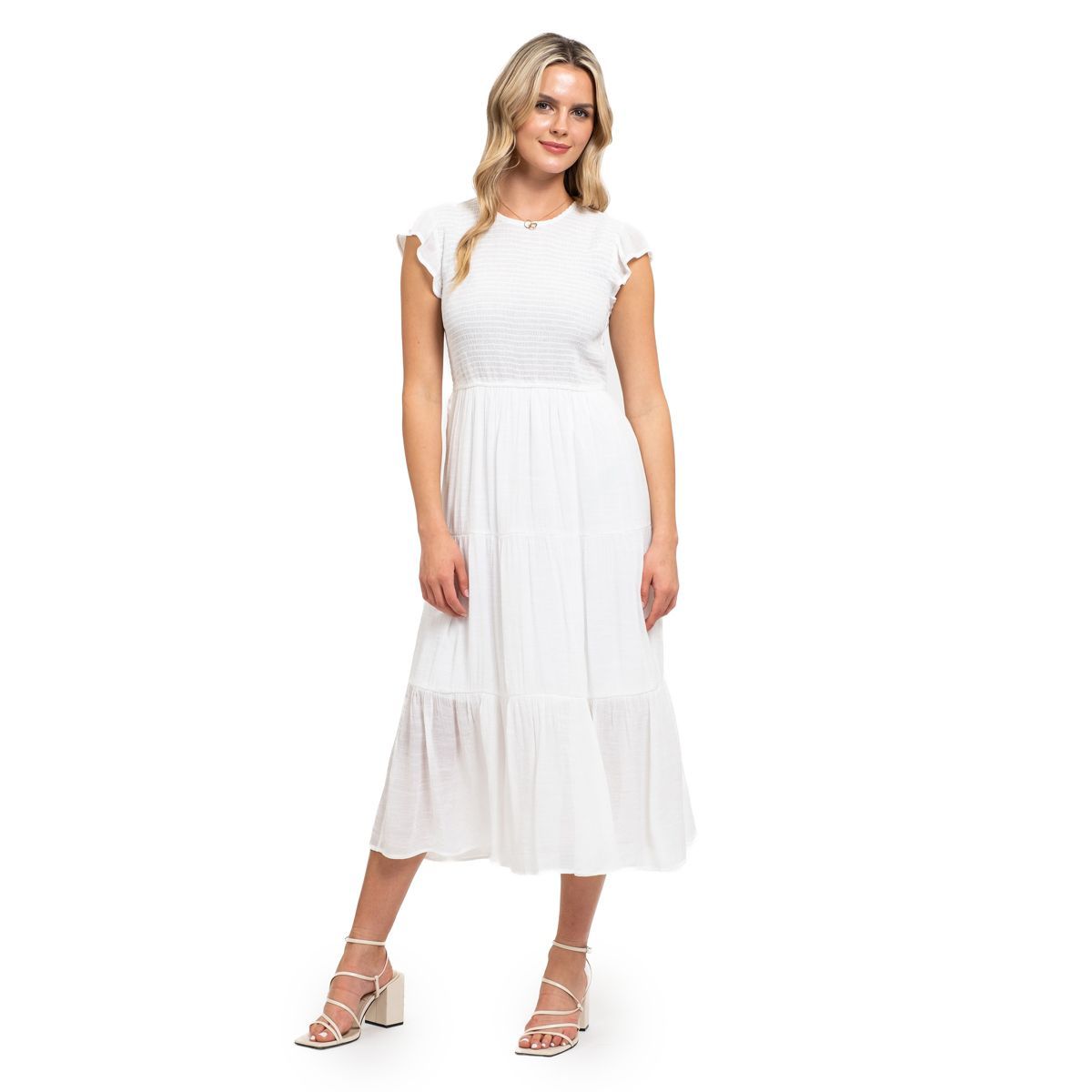 August Sky Women`s Smocked Ruffle Sleeve Tiered Midi Dress | Target