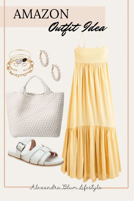 Yellow maxi dress from Abercrombie perfect for summer days! Church outfit! Travel outfit! Spring wedding guest dress! Spring outfit! Summer outfit! Strap white sandals! White woven tote bag! 

#LTKShoeCrush #LTKOver40 #LTKMidsize