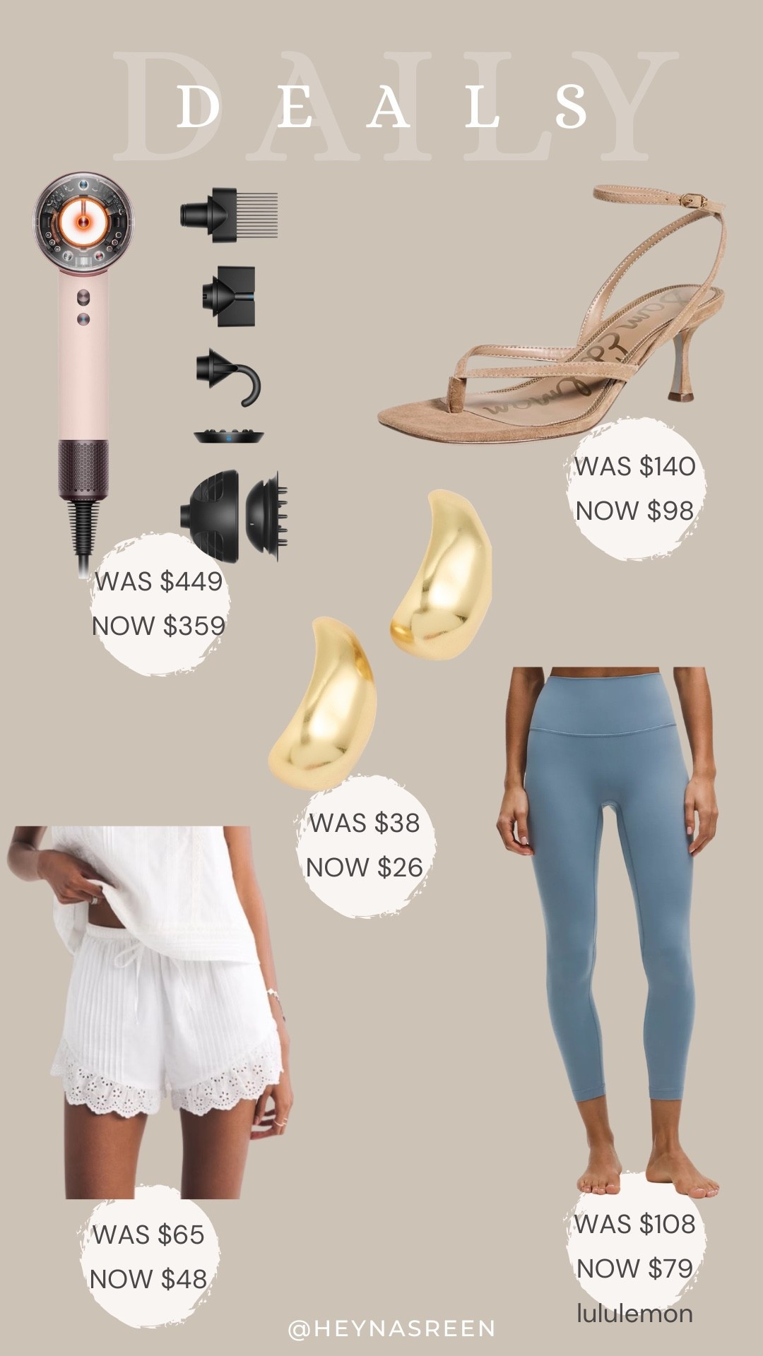 Daily deals on Dyson hair dryer, Sam Edelman heels, lululemon leggings, Madewell earrings, Abercrombie shorts