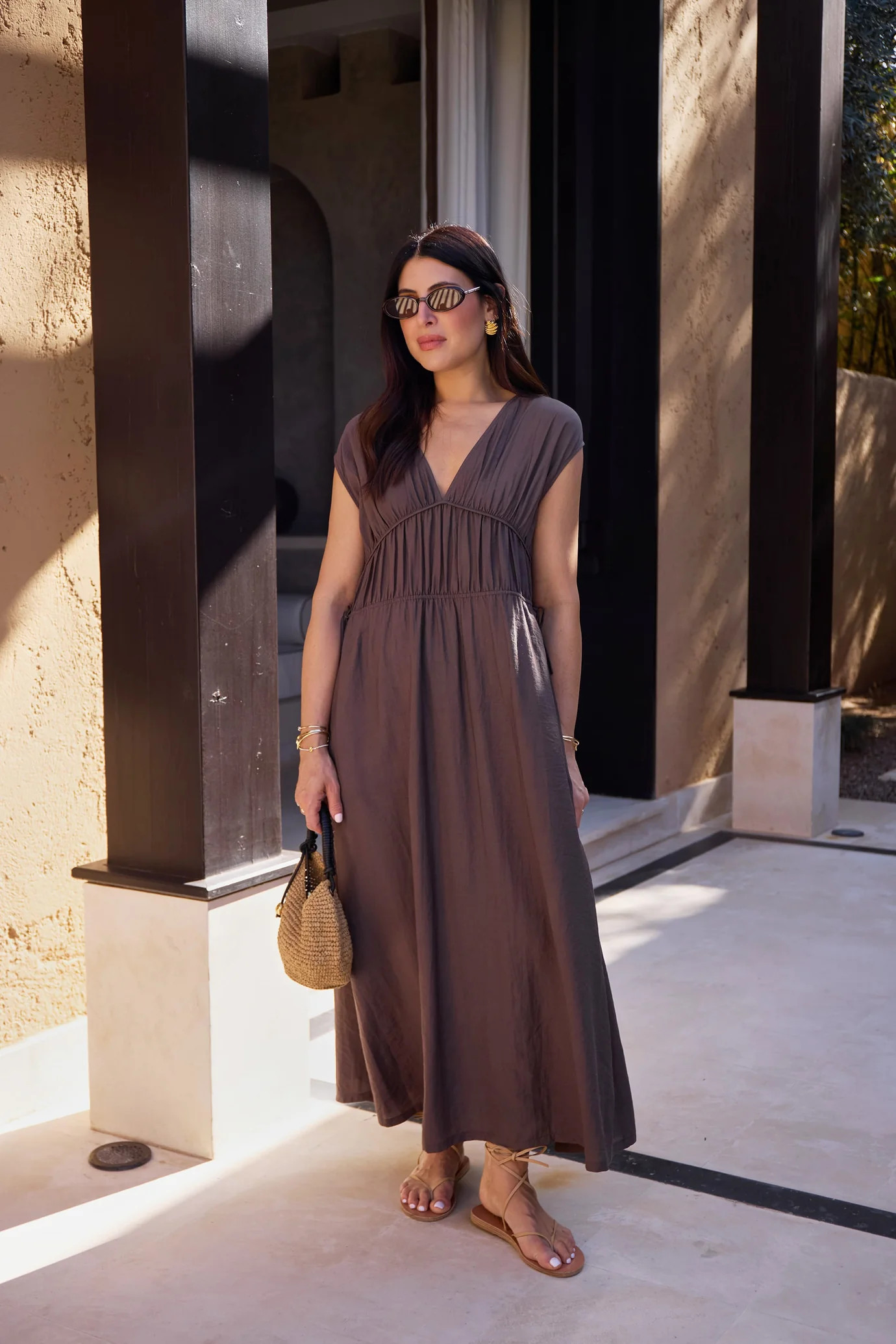 TWO-WAY RUCHED MIDI DRESS - MOCHA | WAT The Brand