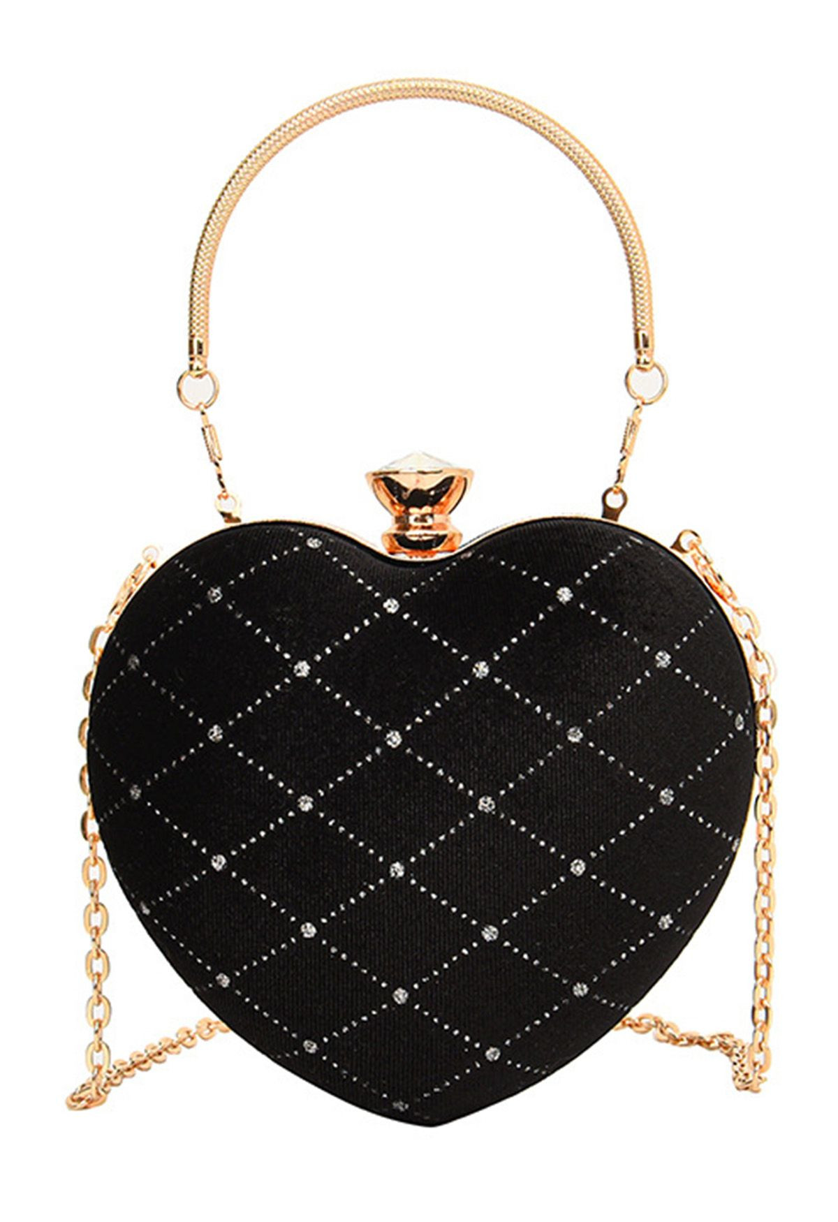 High-End Diamond-Shape Velvet Heart Clutch in Black | Chicwish