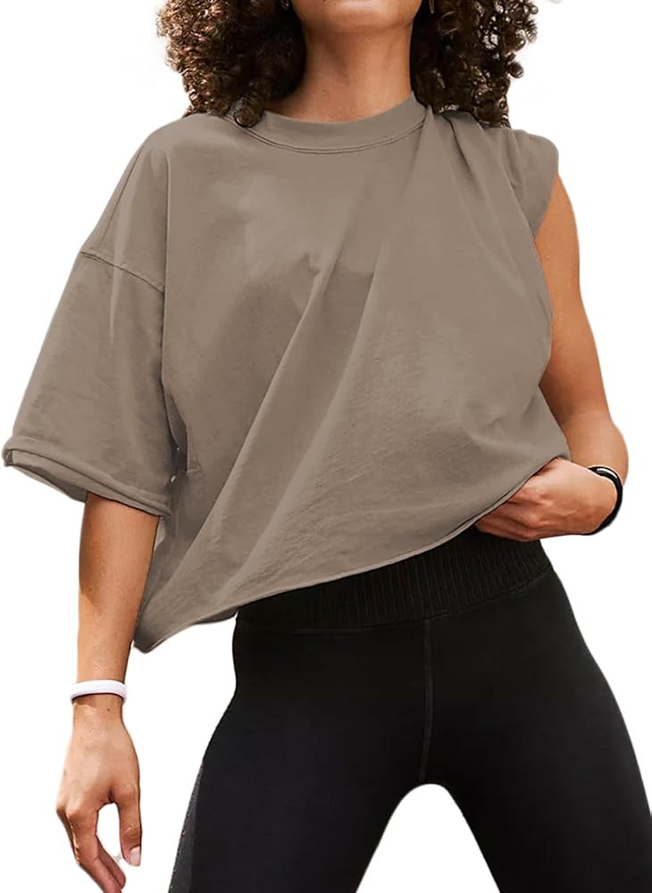 Women's Oversize Workout Crop Tops Short Sleeve Crewneck Drop Shoulder Boxy T Shirts Summer Casua... | Amazon (US)