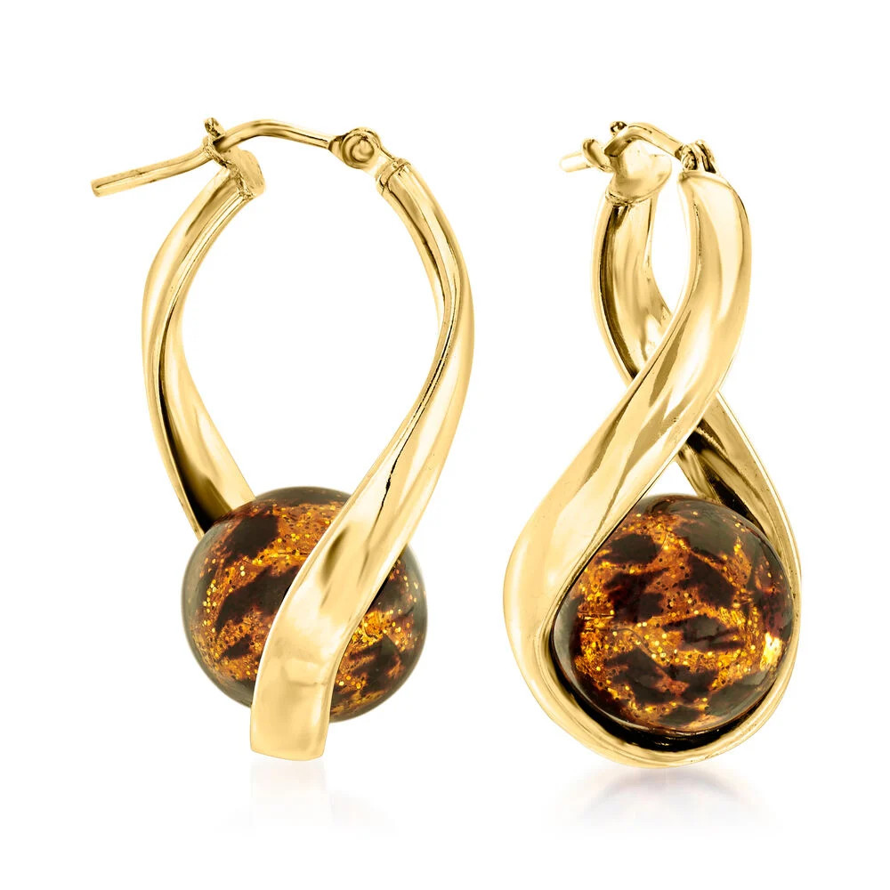 Italian Leopard-Print Murano Glass Bead Twisted Hoop Earrings in 18kt Gold Over Sterling. 1 3/8" | Ross-Simons