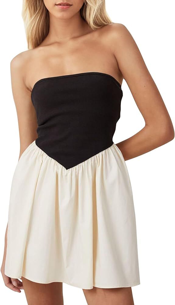 MISSACTIVER Women Strapless Tube Top Mini Dress Off Shoulder Sleeveless Drop-Waist A Line Short D... | Amazon (US)
