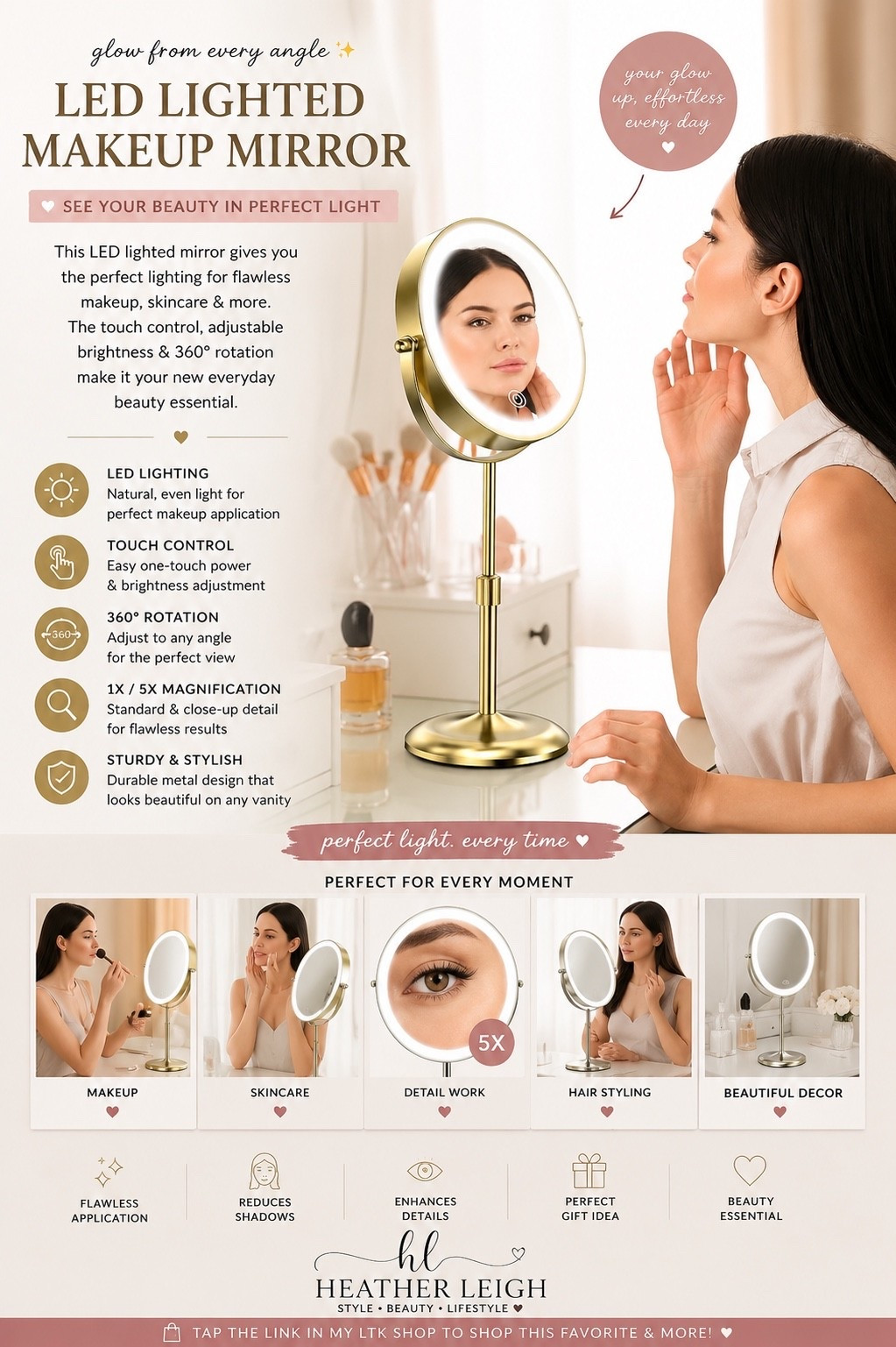 ✨ One of my favorite beauty setup finds lately 🤍

This LED makeup mirror makes getting ready so much easier with the perfect lighting for makeup, skincare, hair, and everyday routines ✨ I love the sleek gold design it looks so pretty on a vanity while still being super functional.

The adjustable lighting + magnification make such a difference for detail work and everyday glam 💕

Perfect for:
🤍 Makeup application
🤍 Skincare routines
🤍 Hair styling
🤍 Vanity decor
🤍 Travel beauty setups
🤍 Everyday use

Tap the link in my LTK shop to shop this beauty favorite + more everyday finds ✨

#heatherleighfinds #ltkbeauty #makeupmirror #beautysetup #vanitydecor #skincareroutine #makeuproutine #beautyfinds #glowup #everydayessentials