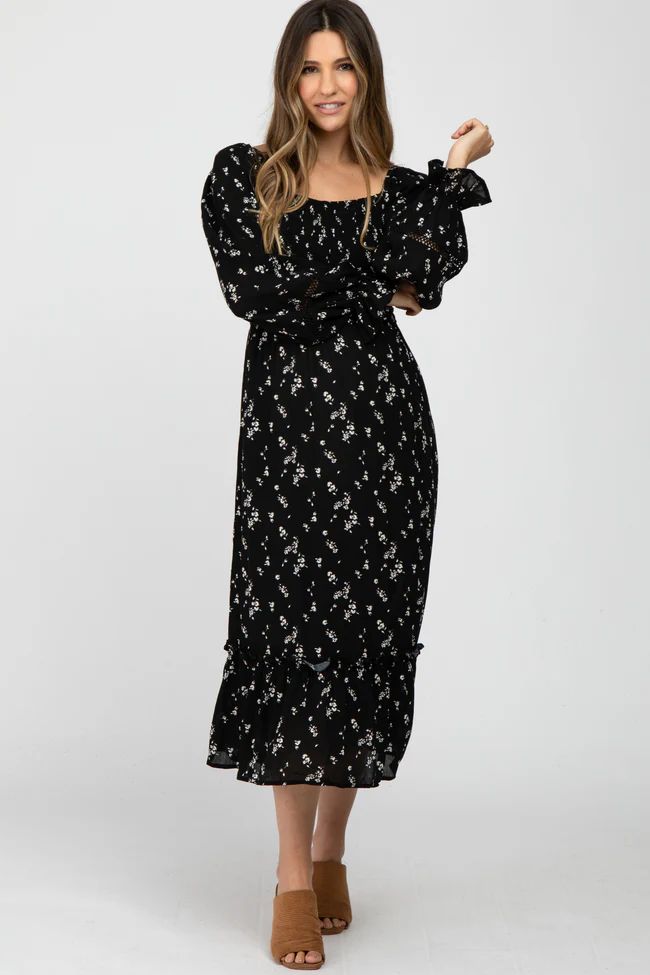 Black Floral Smocked Long Sleeve Maternity Midi Dress | PinkBlush Maternity