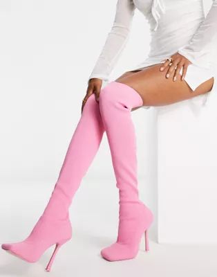 Public Desire Bubbles over the knee knitted stiletto boots in pink | ASOS (Global)