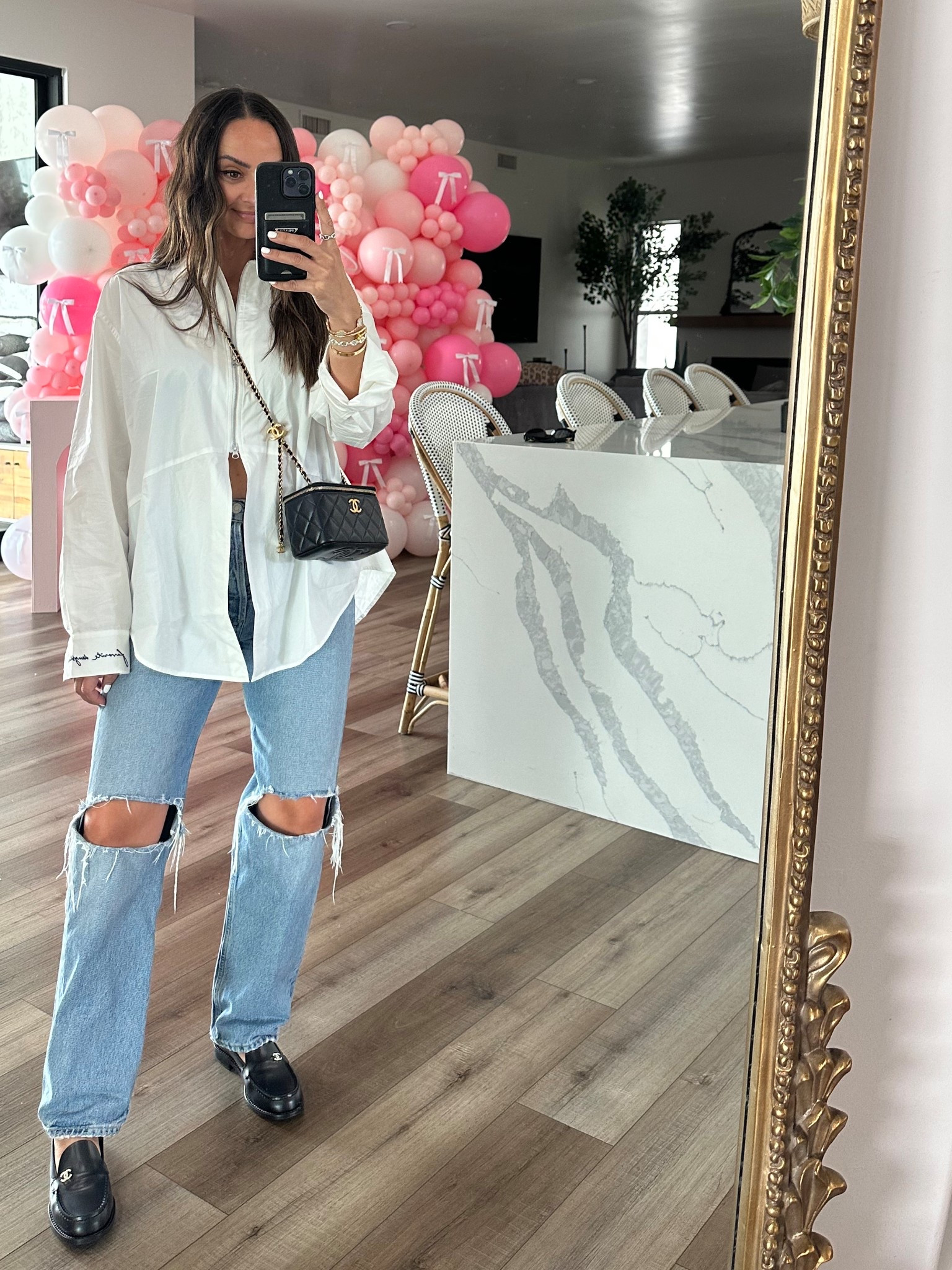 Top: S
Jeans: 27
Chanel loafers: 37 

#LTKOver40 #LTKShoeCrush