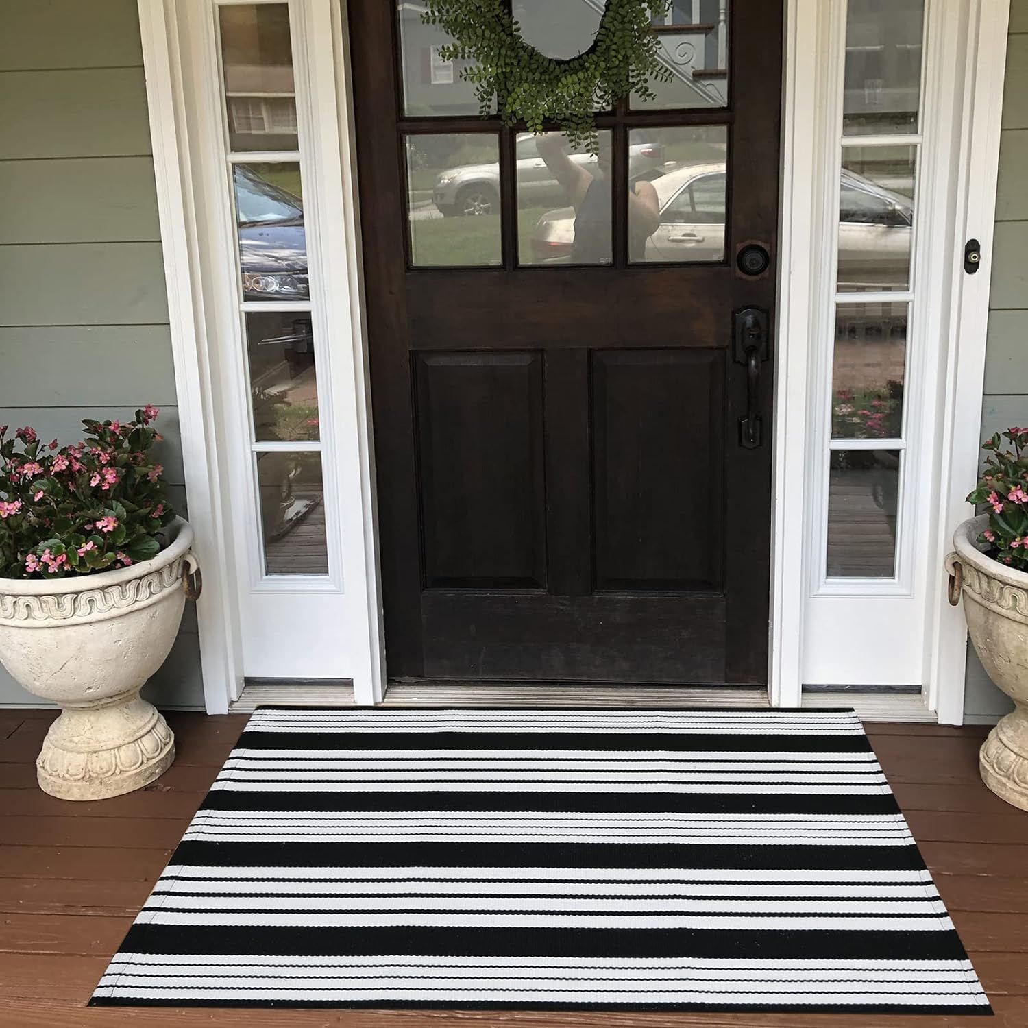 Black and White Outdoor Rug - Striped Cotton Woven Area Rug Machine Washable Area Rug Patio Floor... | Amazon (US)