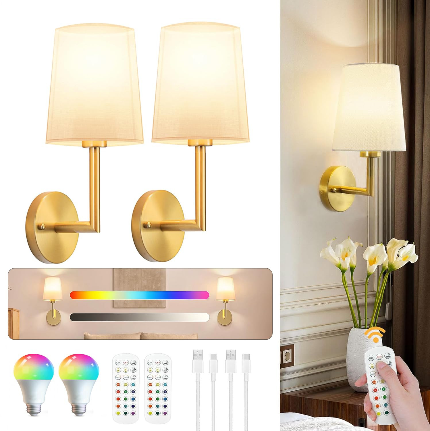 JKEYES Battery Operated Wall Sconces Set of Two, Gold Cordless Wall Sconce with 10000mAh RGB Dimm... | Amazon (US)