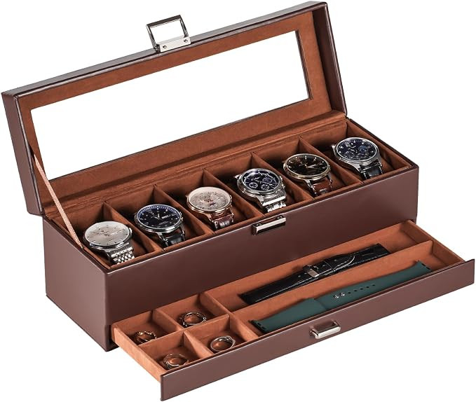 Lolalet Watch Case for Men, 6 Slot Watch Display Case with Clear Glass Lid, 2-Layer Mens Watch Bo... | Amazon (US)