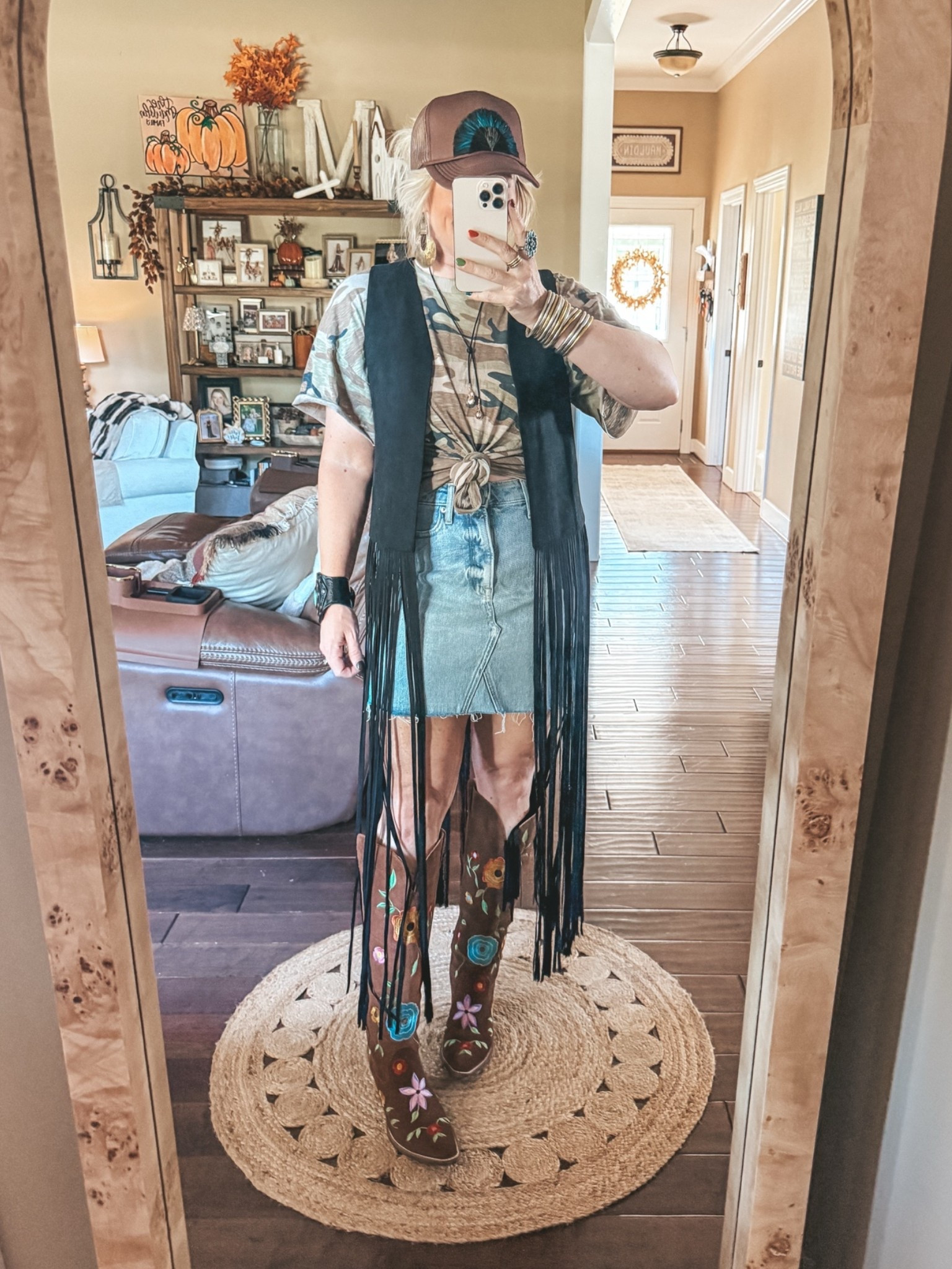 Cut my sleeves on this mens camo tee from @Target size L
My denim skirt is older from Walmart and I linked a newer one from @Walmart size M
Boots are almost sold out and not available in this color but I linked this same brand and some fun ones. 
#countryconcertoutfit

#LTKOver40