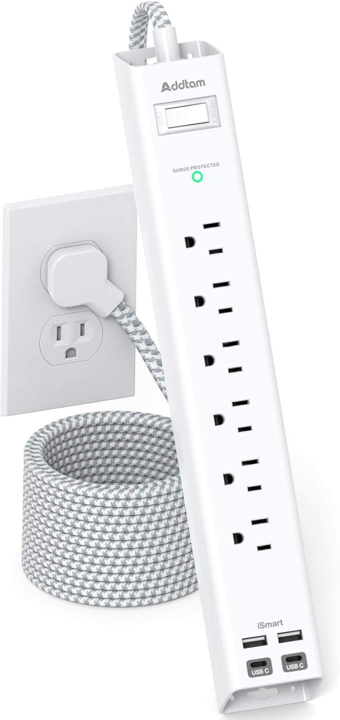 Extension Cord 10 ft - Long Power Strip Surge Protector, 6 AC Outlet 4 USB | (2 USB C), Flat Plug... | Amazon (US)