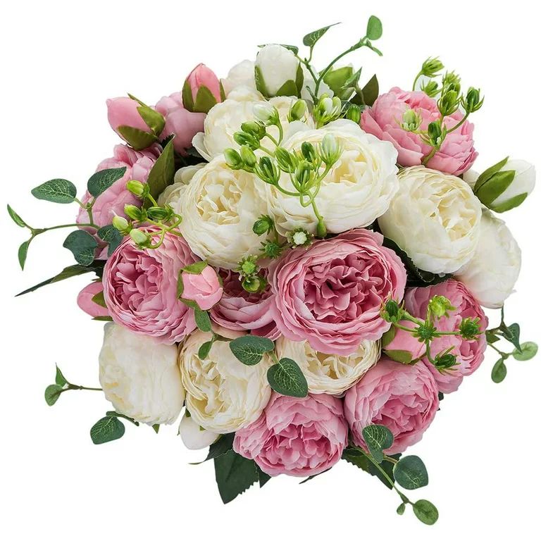 Nuptio 4 Bunches Peonies Artificial Flowers White and Pink Fake Peony Bouquet | Walmart (US)