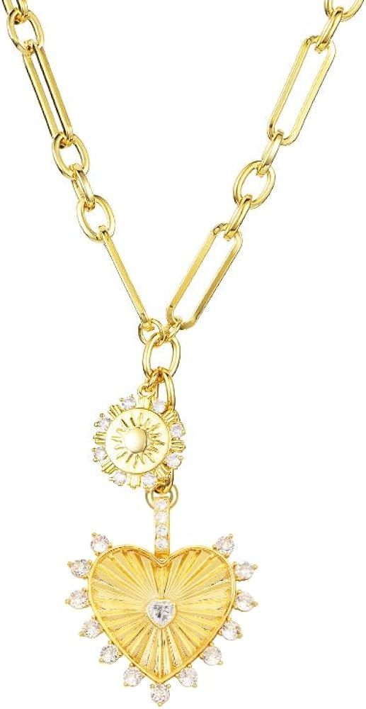 UniLogue Sun Heart Pendant Choker Necklace for Women Gils,18K Gold Plated Multi Pendants Chunky P... | Amazon (US)