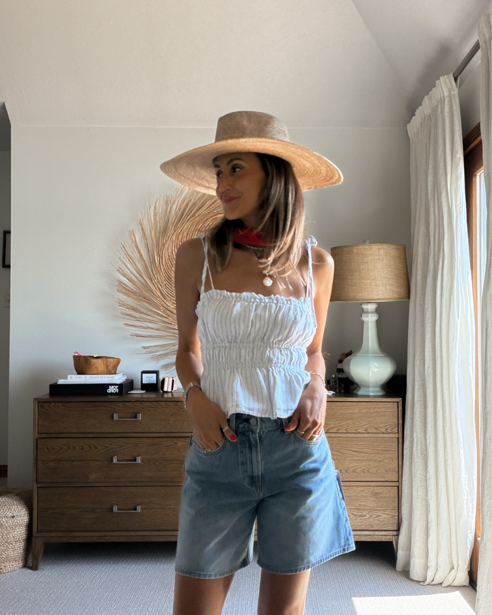 these denim shorts fit so well, mid rise and wide leg but polished and feminine. Top is linen and adorable with adjustable straps and elastic waist

#LTKootd #LTKSwim #LTKSeasonal