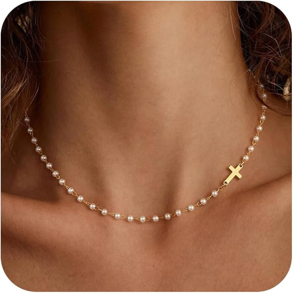 Pearl Necklaces for Women Trendy, Dainty 14K Gold Silver Plated Cross Pendant Pearl Choker Neckla... | Amazon (US)