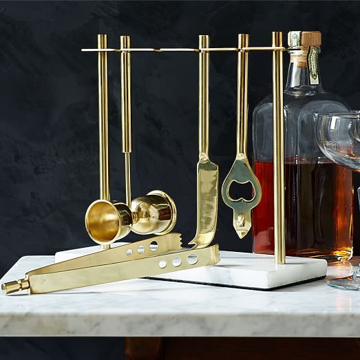 Deco Bar Tools Set - Brass + Marble | West Elm (US)