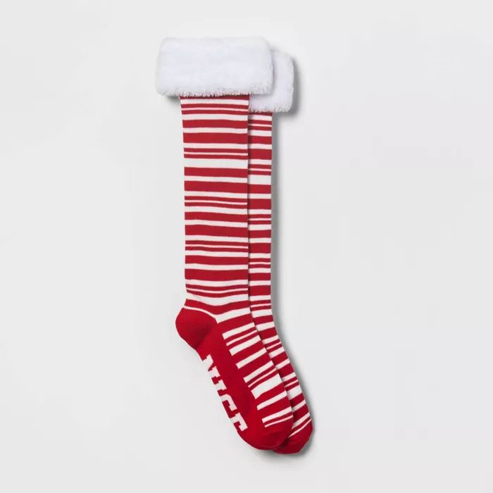 Women's Striped 'Naughty' or 'Nice' with Faux Fur Cuff Holiday Knee High Socks - Wondershop™ Re... | Target