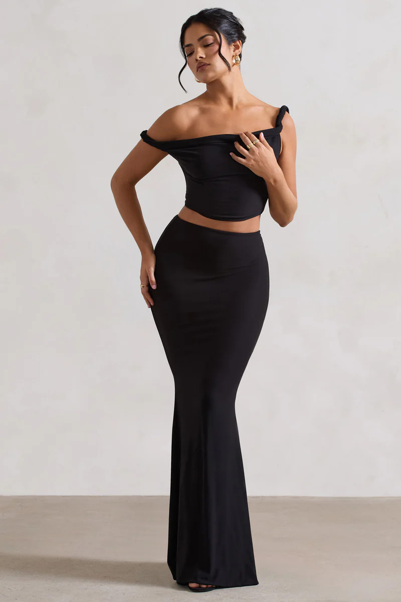 Neve | Black Asymmetric Maxi Skirt | Club L London
