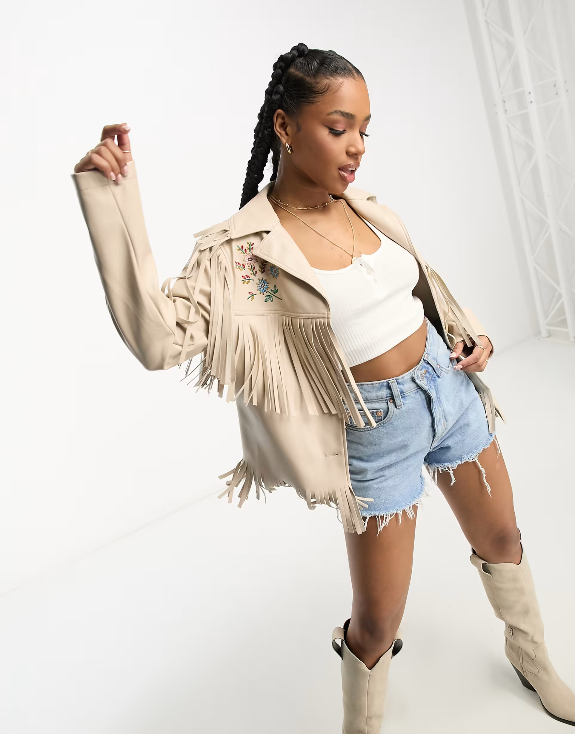 Miss Selfridge fringe embroidered longline faux leather jacket in stone | ASOS (Global)