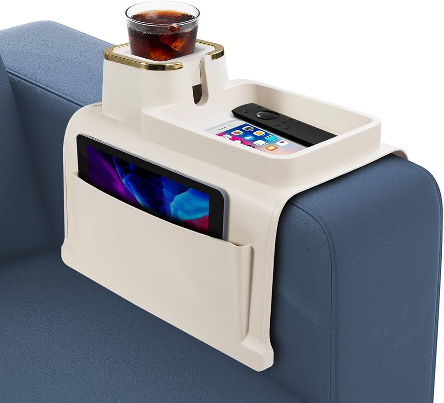Couch Cup Holder with Tray & Dual-Sided Storage Pocket, Large Silicone Sofa Armrest Tray, Non-Sli... | Amazon (US)