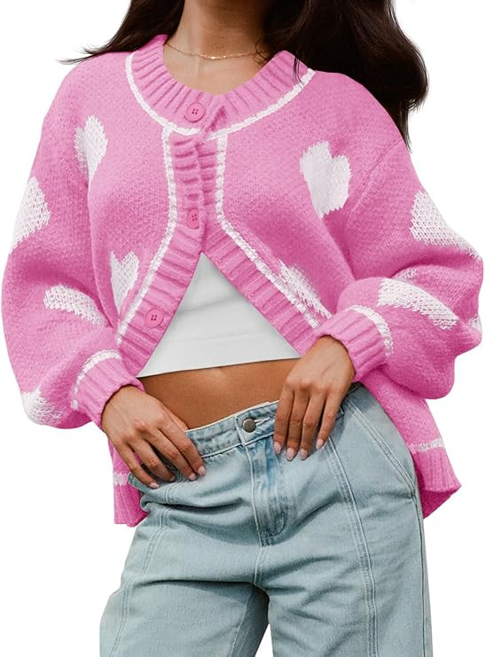 Saodimallsu Womens Cute Heart Cardigan Sweaters Valentines Day Chunky Knit Button Crewneck Long S... | Amazon (US)
