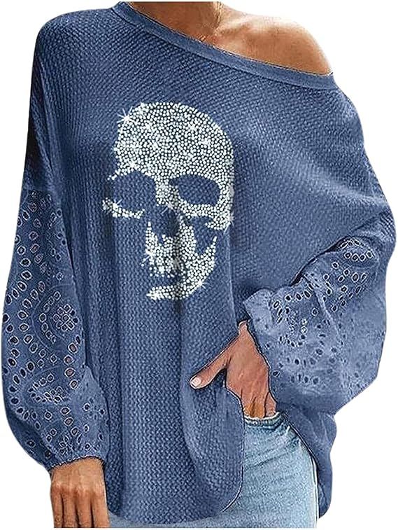 Halloween Skull Shirts for Women,Plus Size Off The Shoulder Loose Fit Tops Fashion Bat Sleeve Ove... | Amazon (US)
